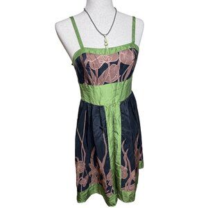 Anthropologie Hype Silk Milkmaid baby doll Black & Green Floral Dress  0 fairy